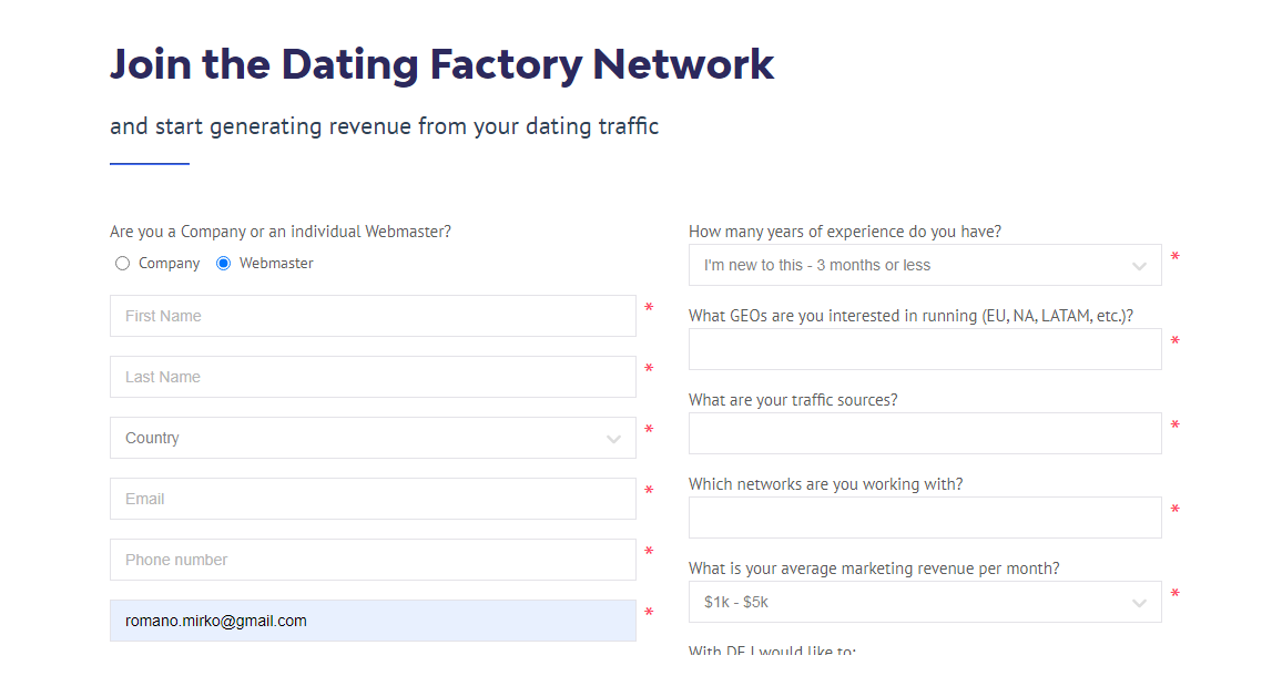 dating factory white label form registrazione